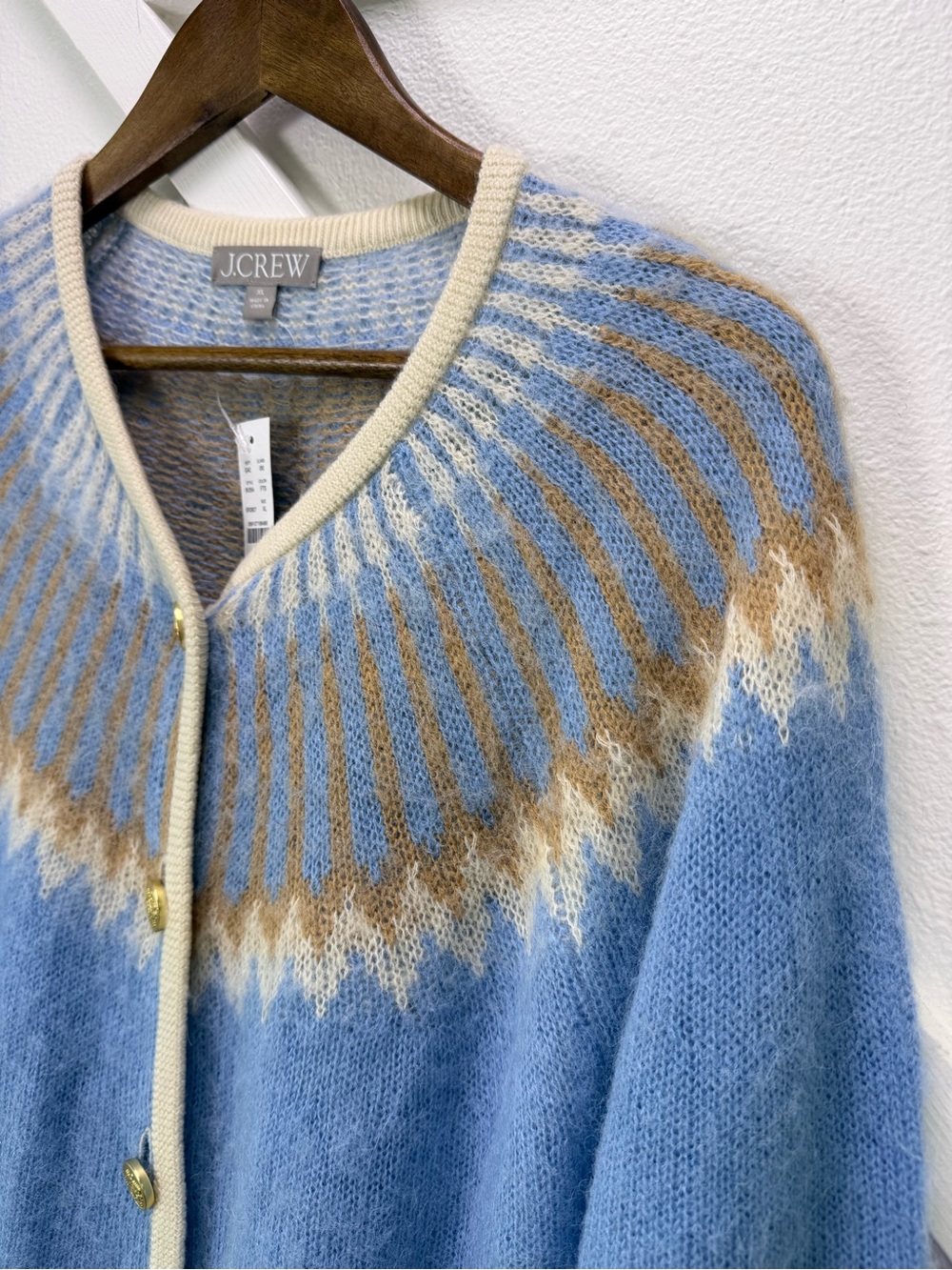NWT J. Crew Fair Isle Cardigan Sweater Brushed Yarn Frosted Tundra Sand Blue XL - Picture 3 of 13